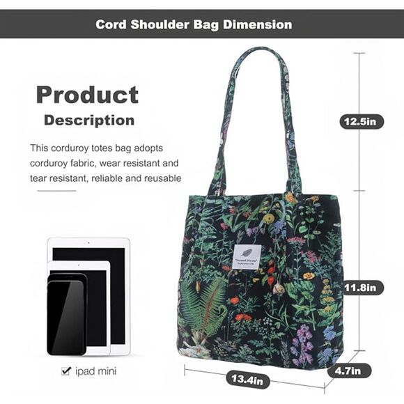 Women Black Plant Imported Corduroy Small Canvas Shoulder Handy Tote Bag - Picture 3 of 4